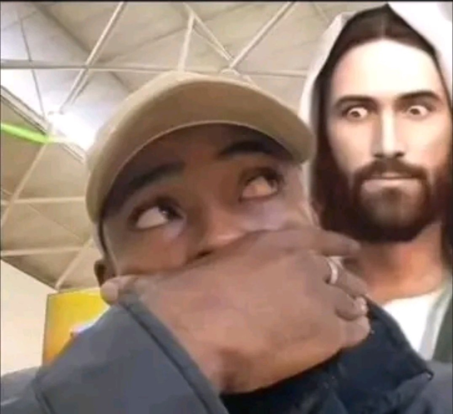 Jesus covering a man's mouth from behind while he looks shocked