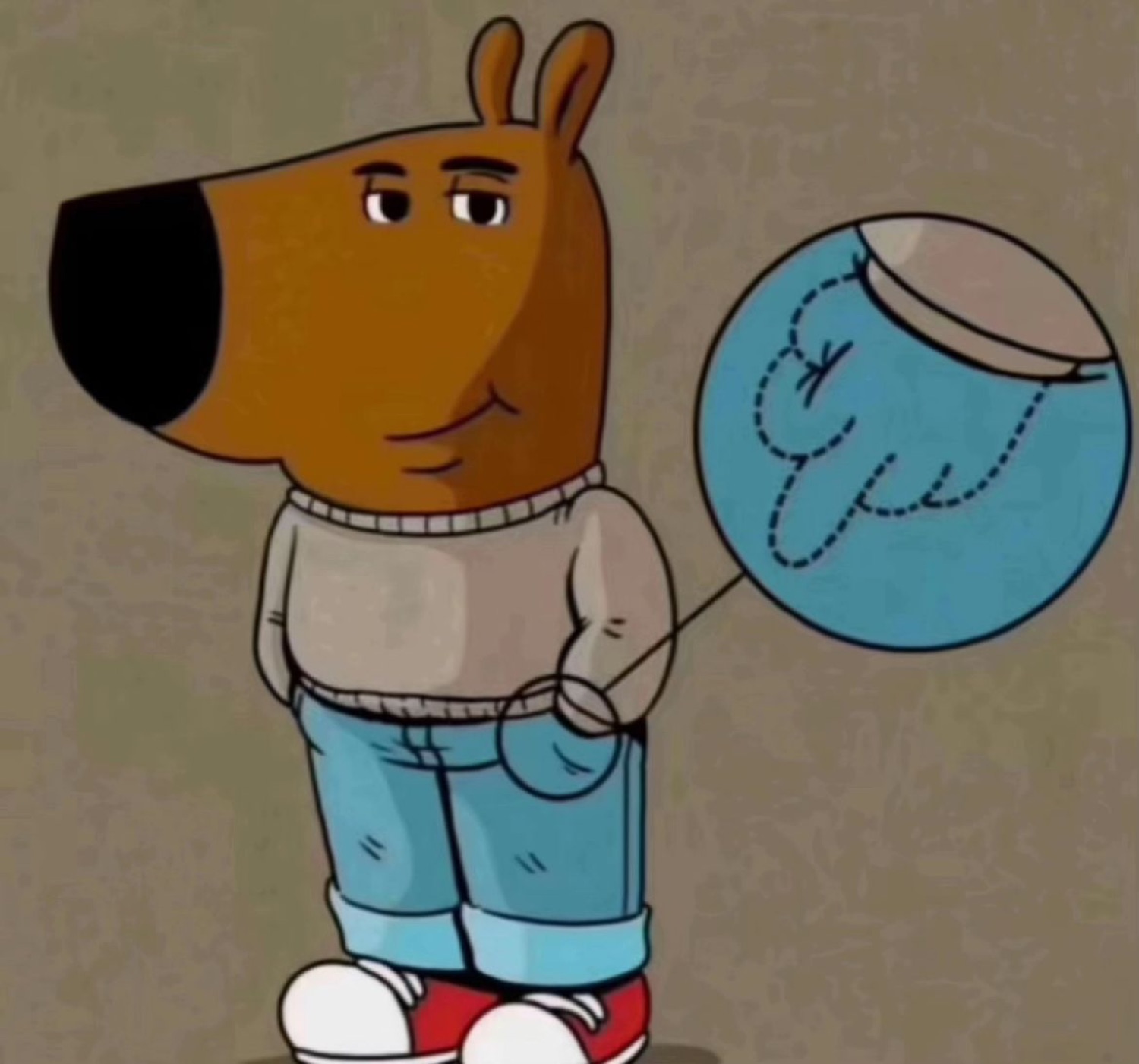 Chill Guy, the cartoon dog, with a zoom-in bubble showing the hand in his pocket is secretly clenched into a fist