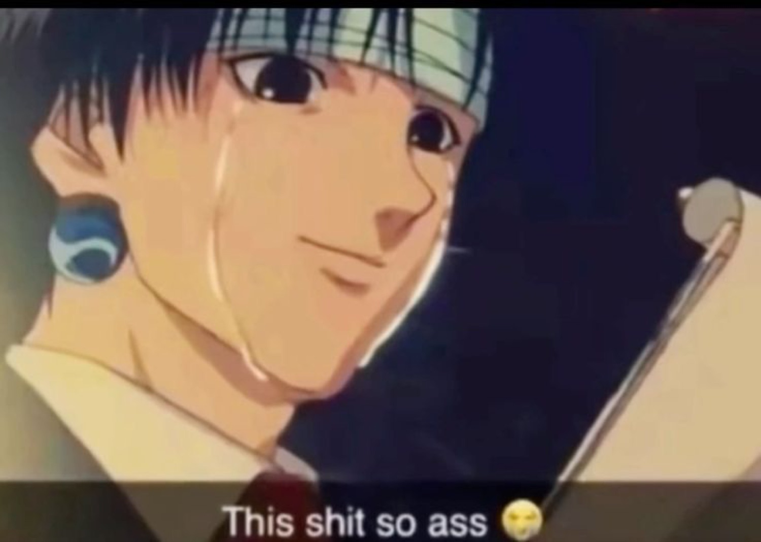 Crying anime boy smiling weakly captioned 'This shit so ass'