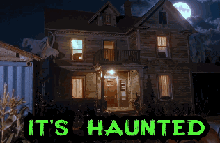House with glowing windows at night, "It's haunted"