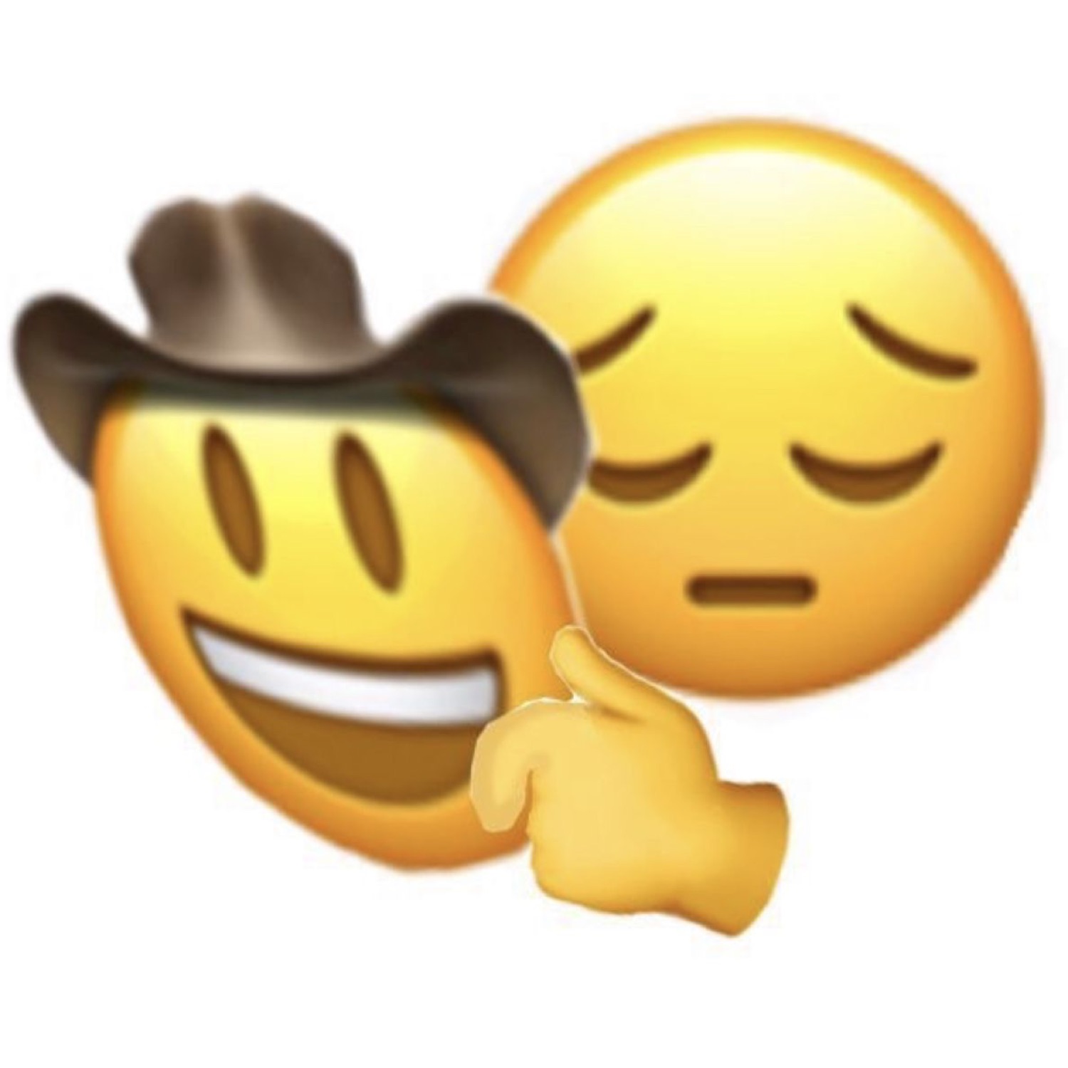 A grinning cowboy-hat emoji overlaid on a pensive sad emoji, faking happiness