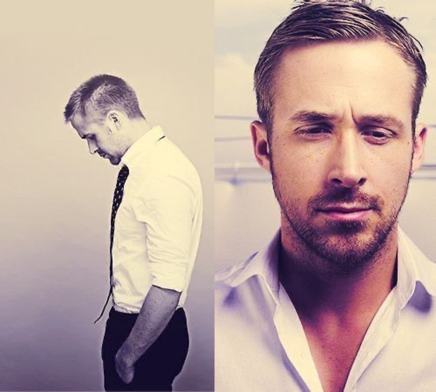 Ryan Gosling looking down and closing his eyes in resignation