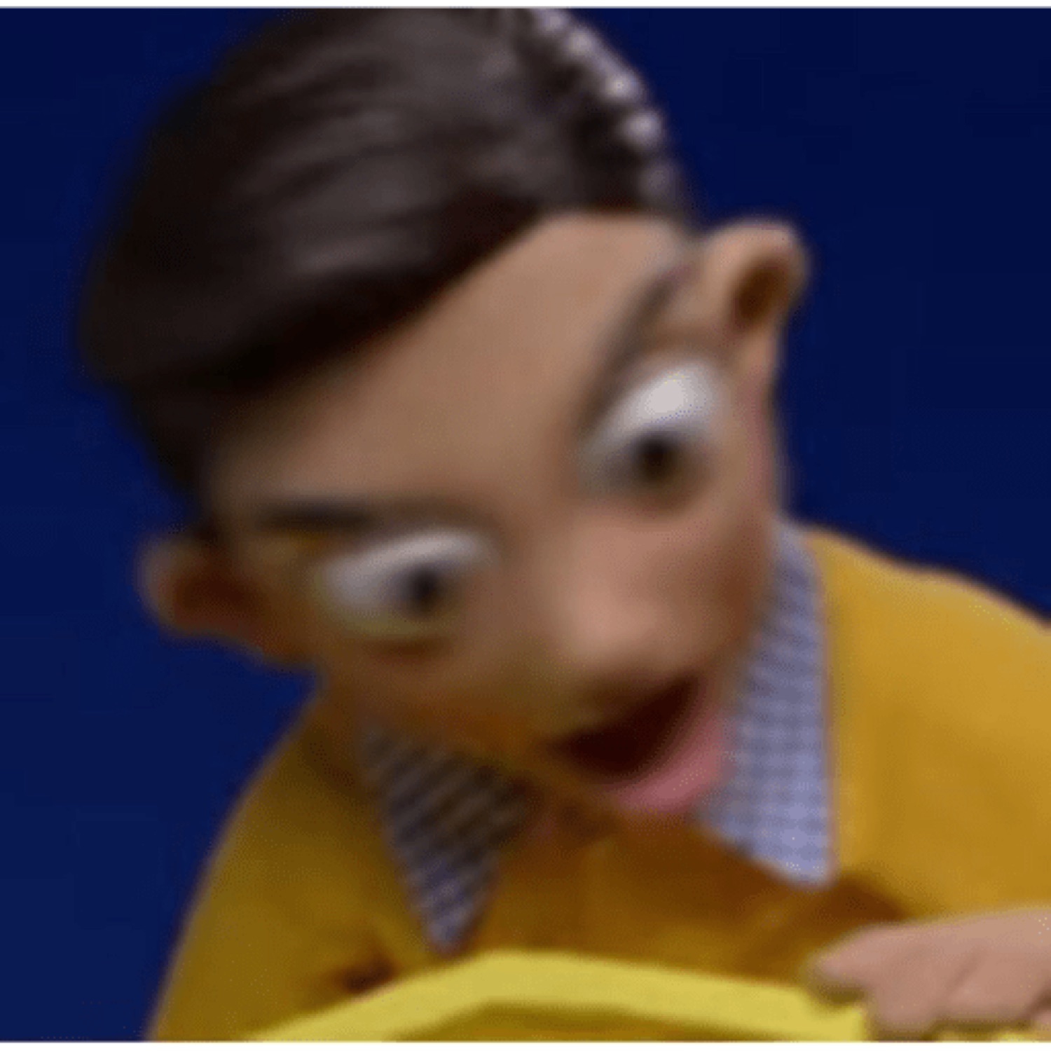 Blurry puppet boy with bulging eyes looking down in total shock