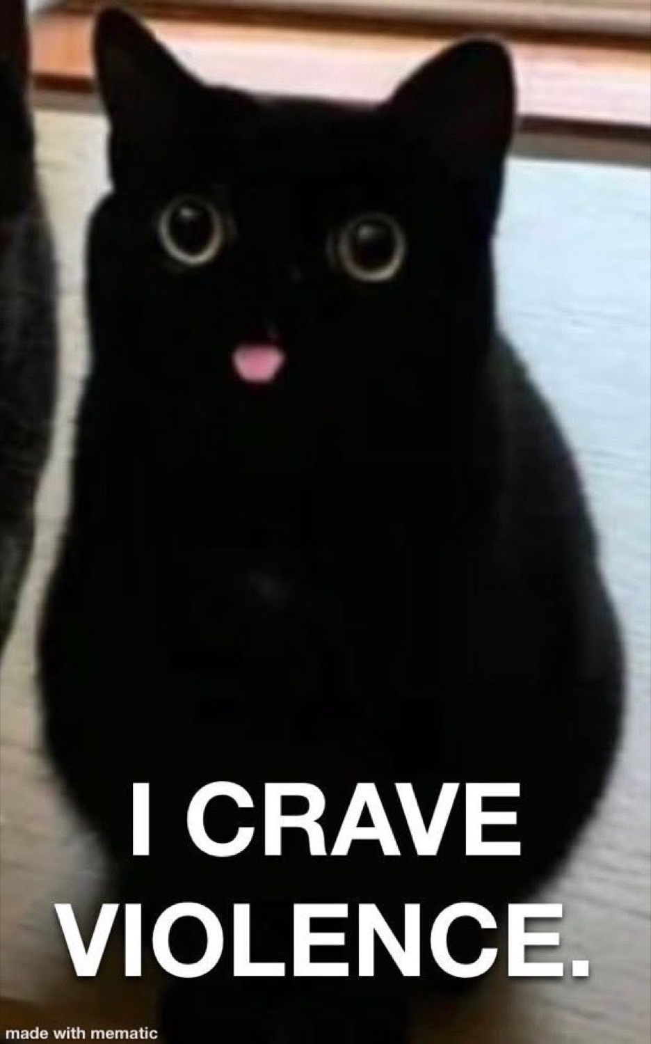 Black cat with its tongue out: 'I CRAVE VIOLENCE.'