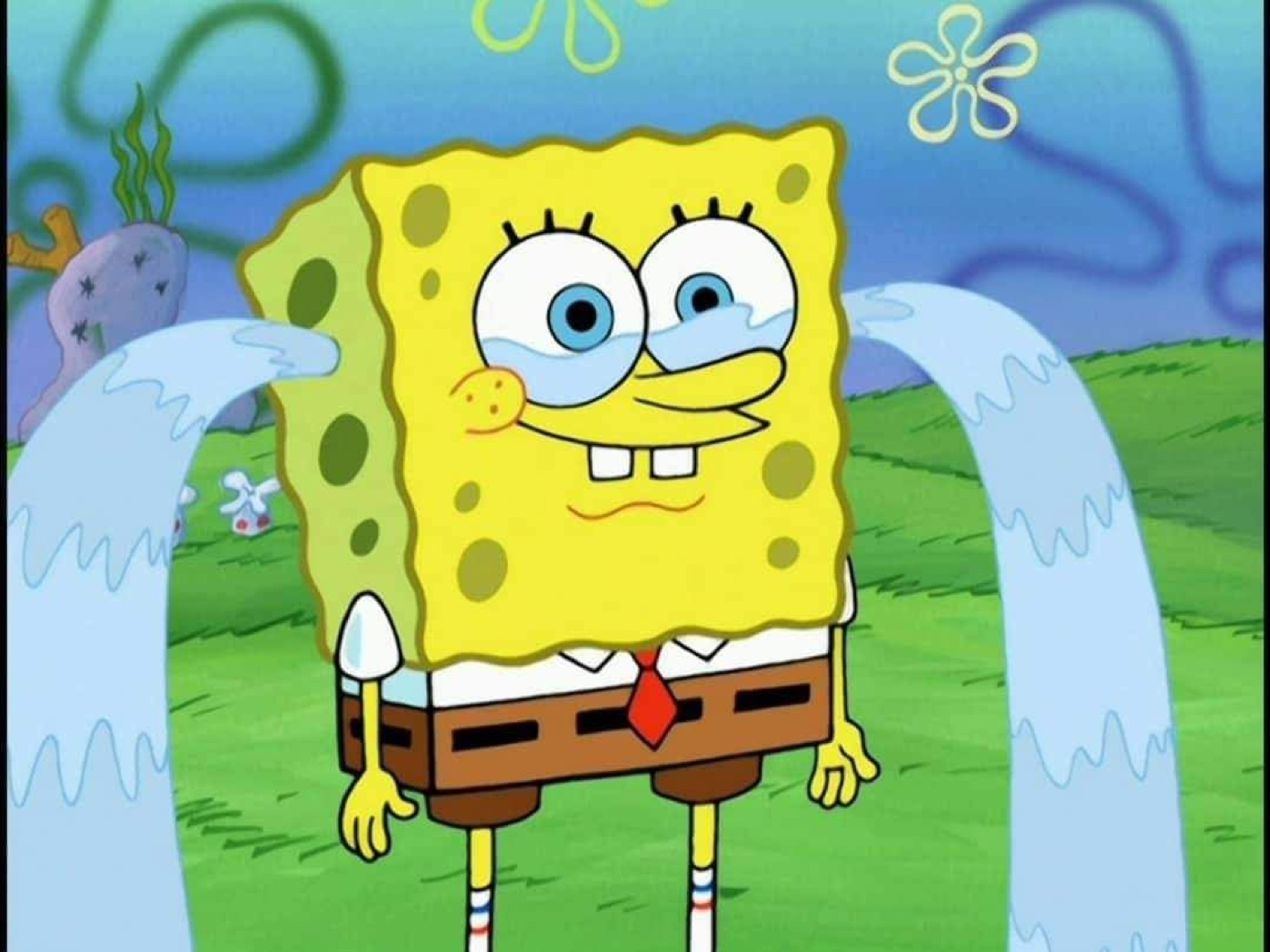 SpongeBob standing on the grass with tears streaming down both cheeks
