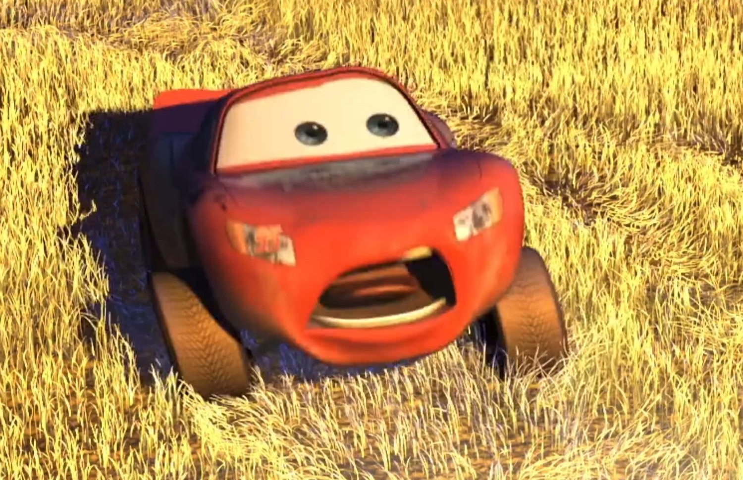 McQueen in a field with his mouth wide open in shock