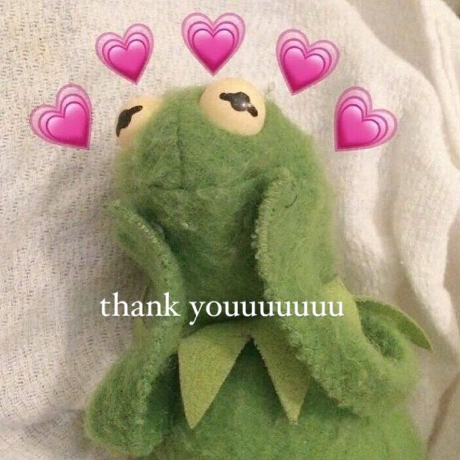 Kermit surrounded by hearts: 'thank youuuuuu'
