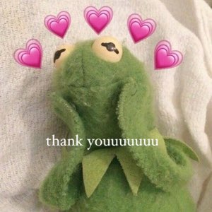Kermit surrounded by hearts: 'thank youuuuuu'