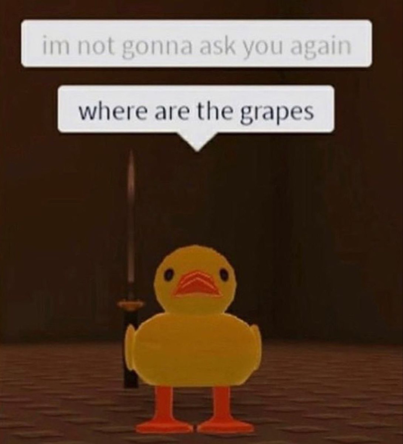 Little cartoon duck holding a sword, demanding 'where are the grapes' in speech bubbles