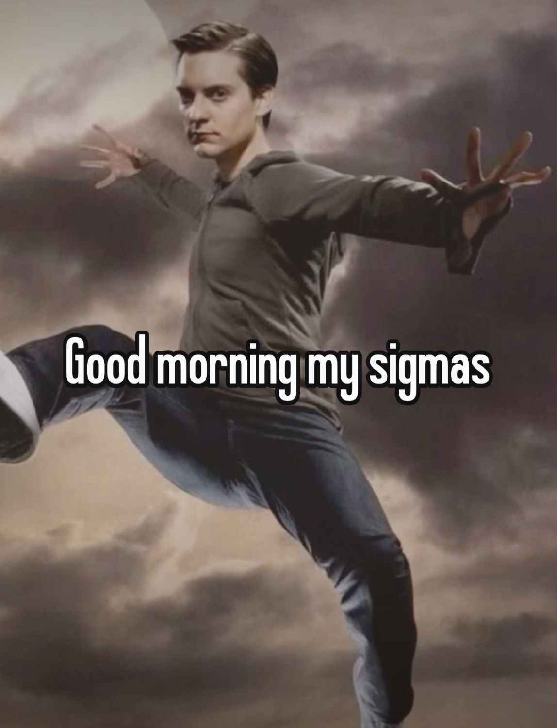 Tobey Maguire dancing in a dark suit: 'Good morning my sigmas'
