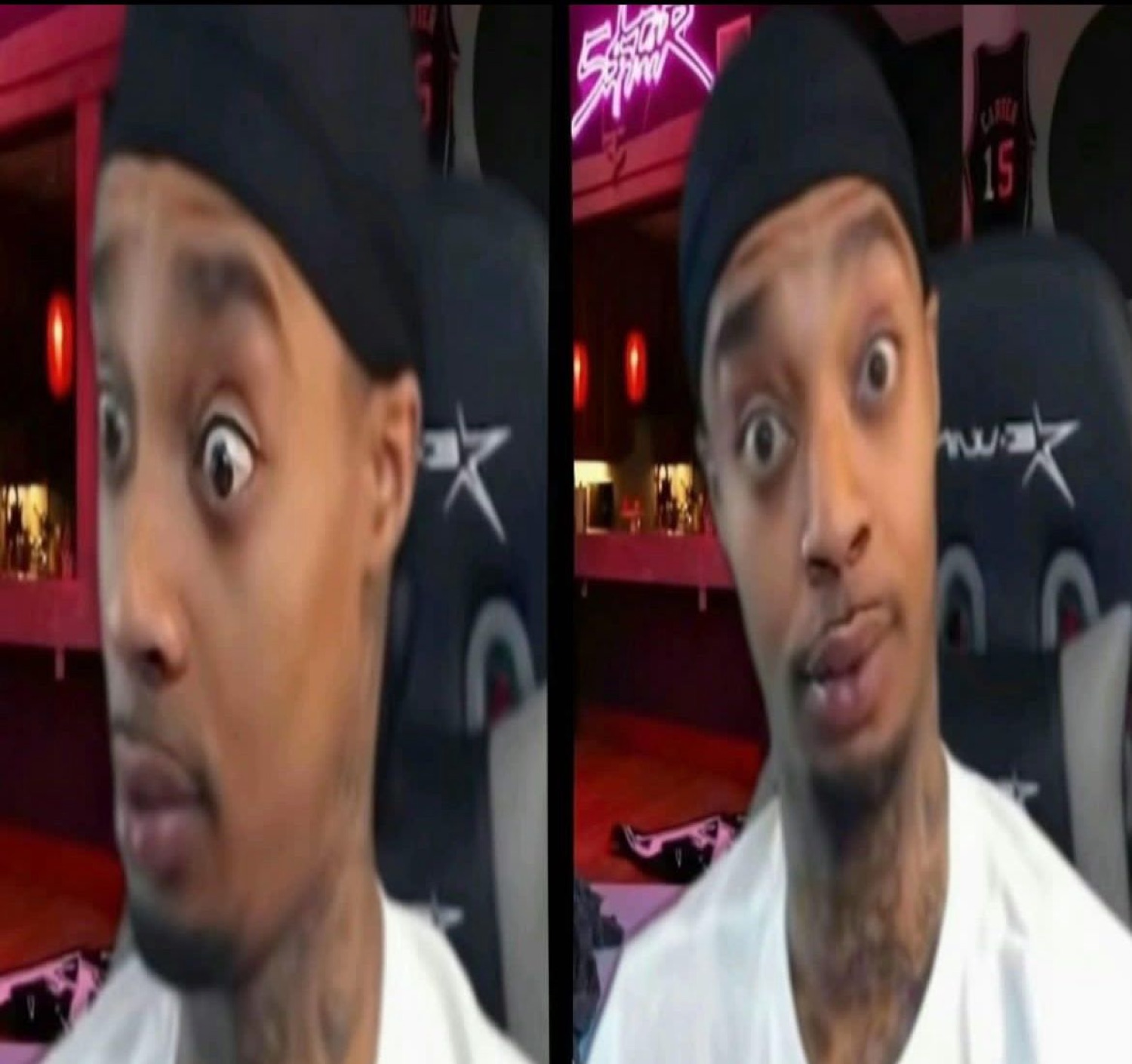 Side-by-side of the same guy going from bug-eyed shock to confused blank stare