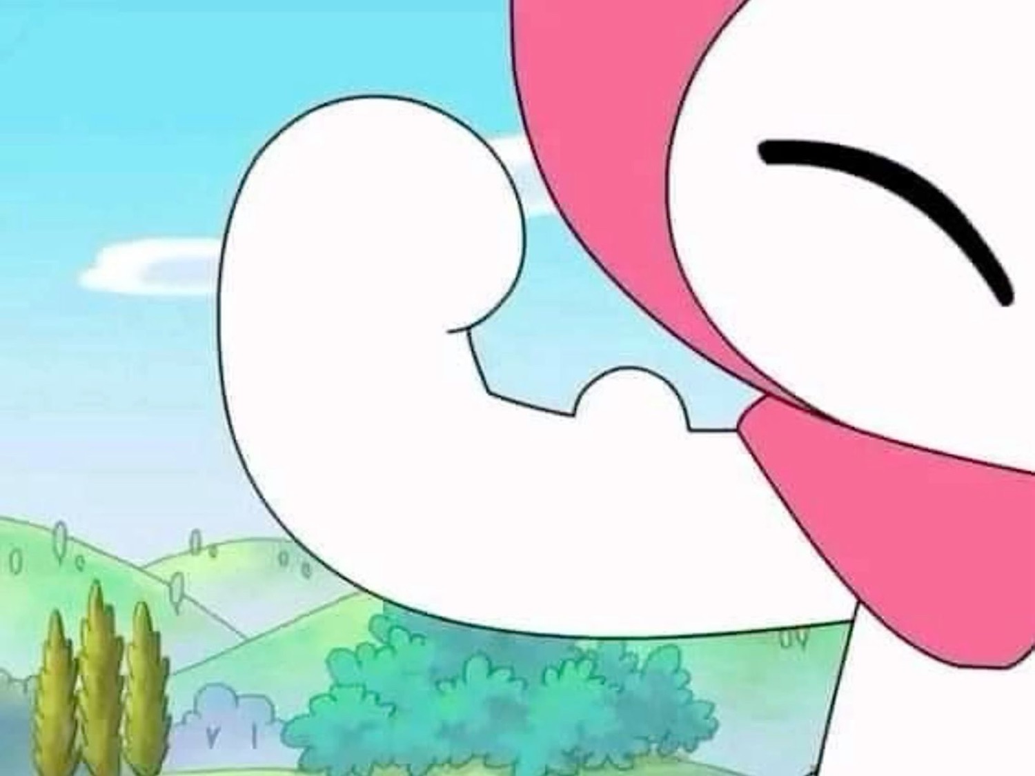Cartoon character flexing a big white arm with a content smile
