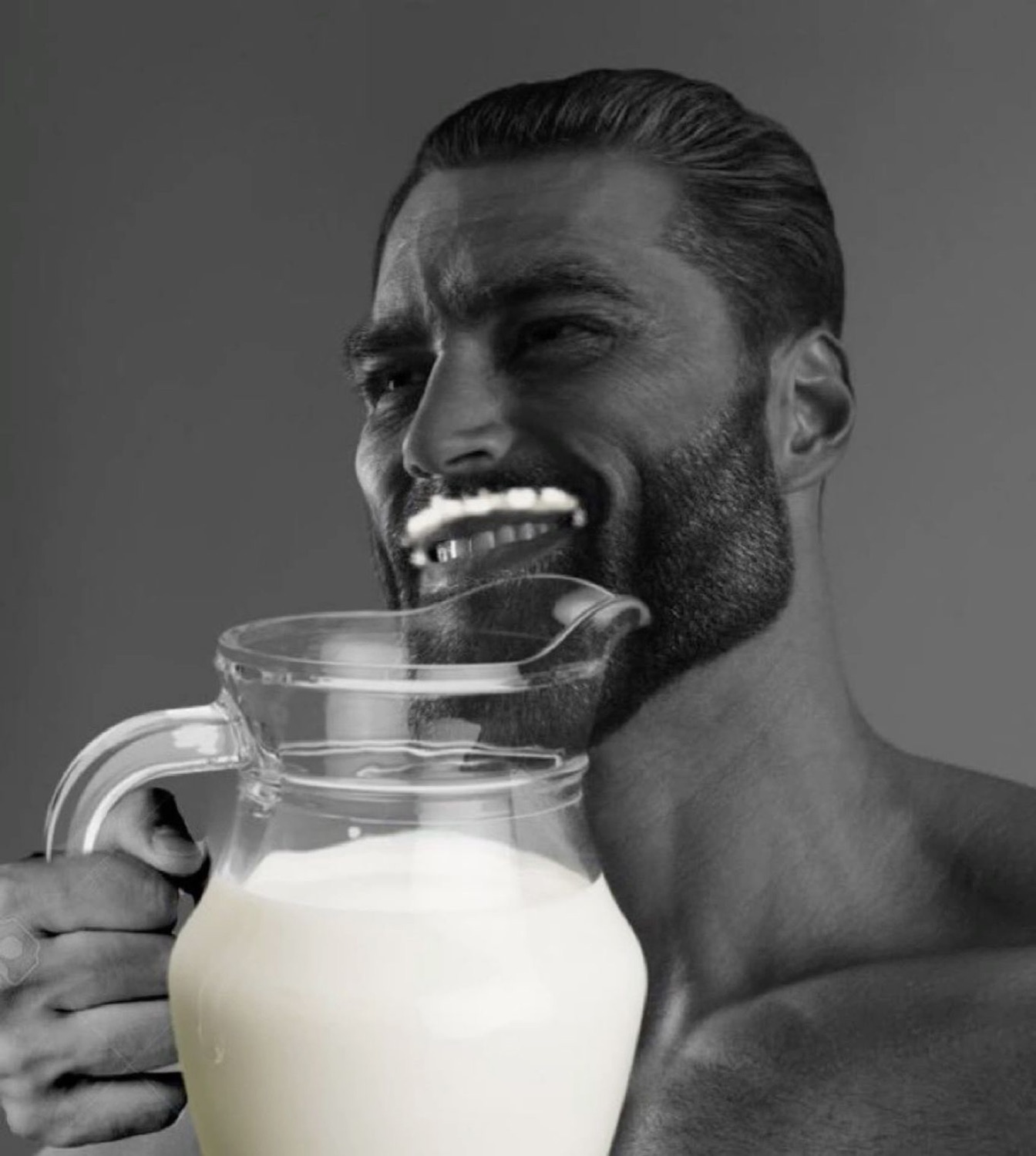 Gigachad chugging straight from a jug of milk with a milk mustache
