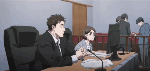Anime office worker covering his face with a heavy sigh