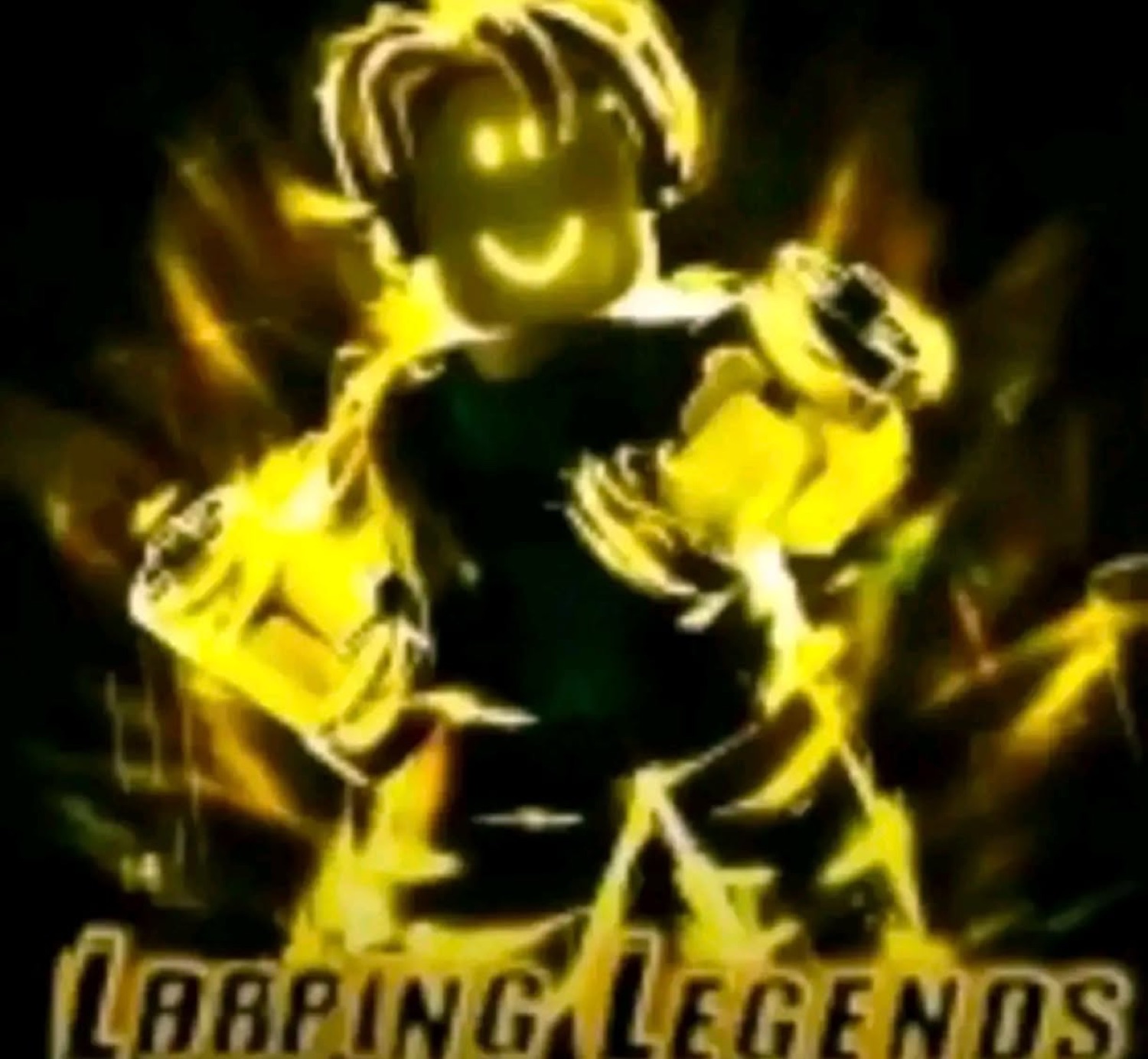 Glowing golden Roblox character powering up: 'LARPING LEGENDS'