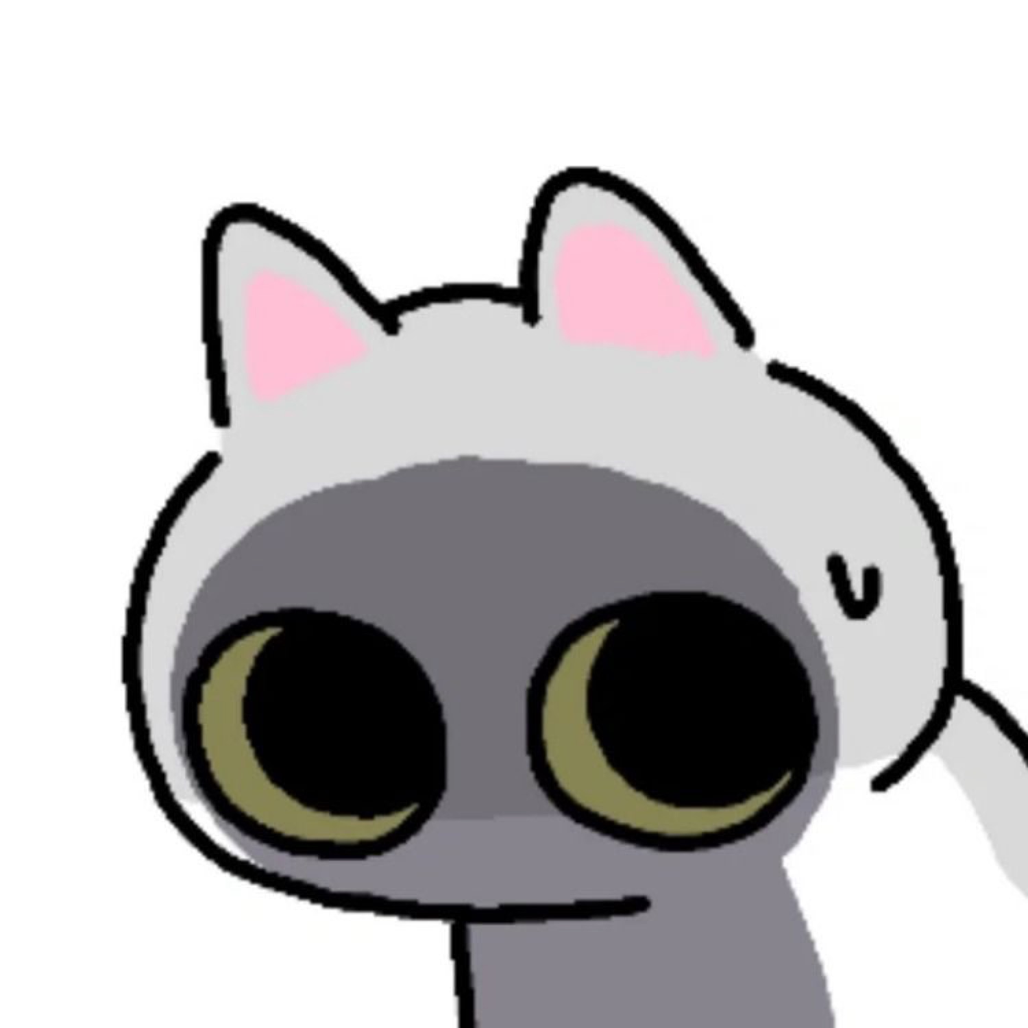 Cartoon gray cat in a white hoodie giving a wide-eyed, empty blank stare