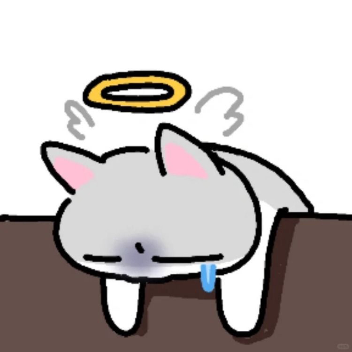 Cartoon angel cat with a halo dozing off and drooling, head slumped on a ledge