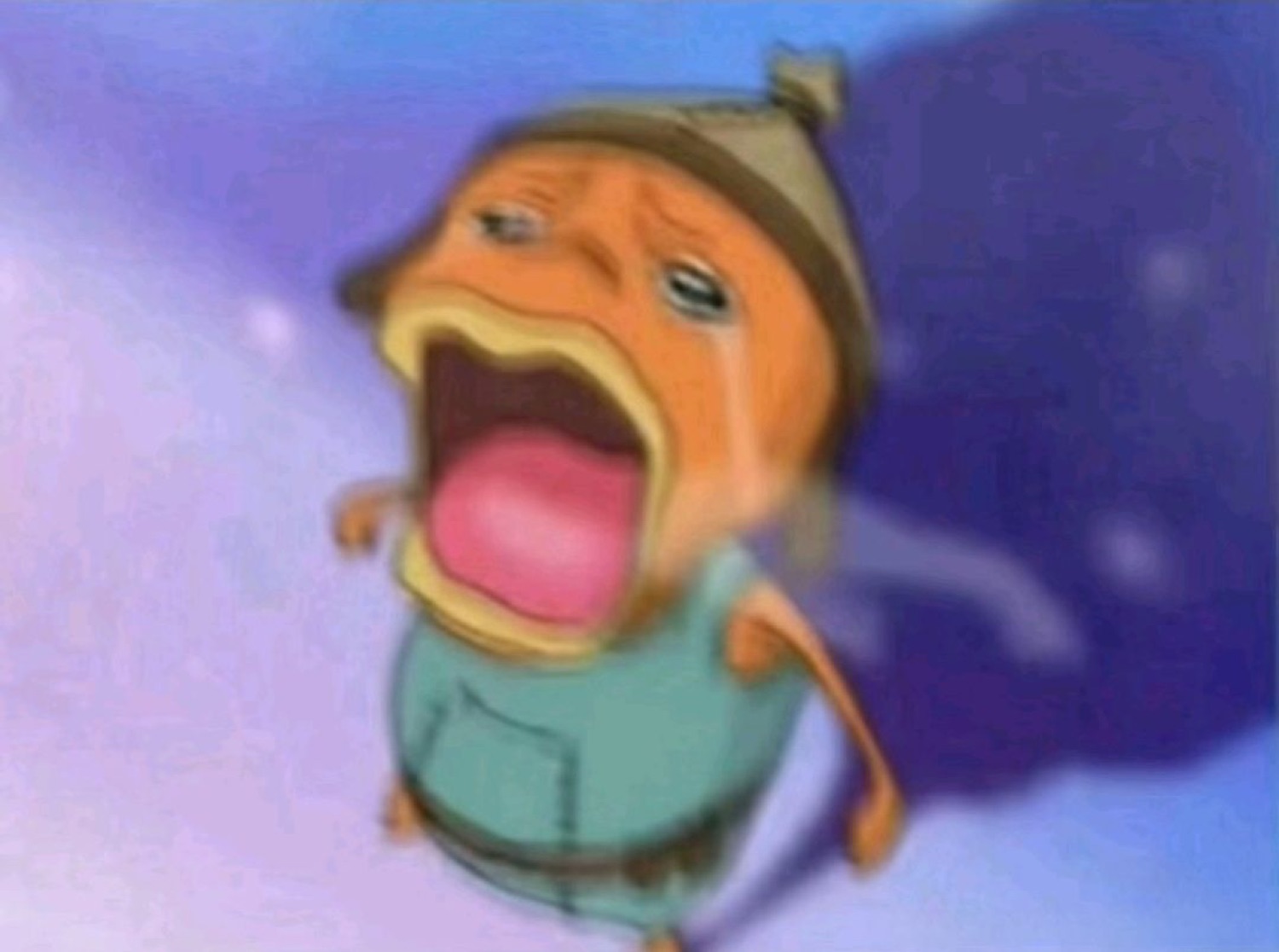 Blurry cartoon kid in a beanie wailing dramatically mid-cry