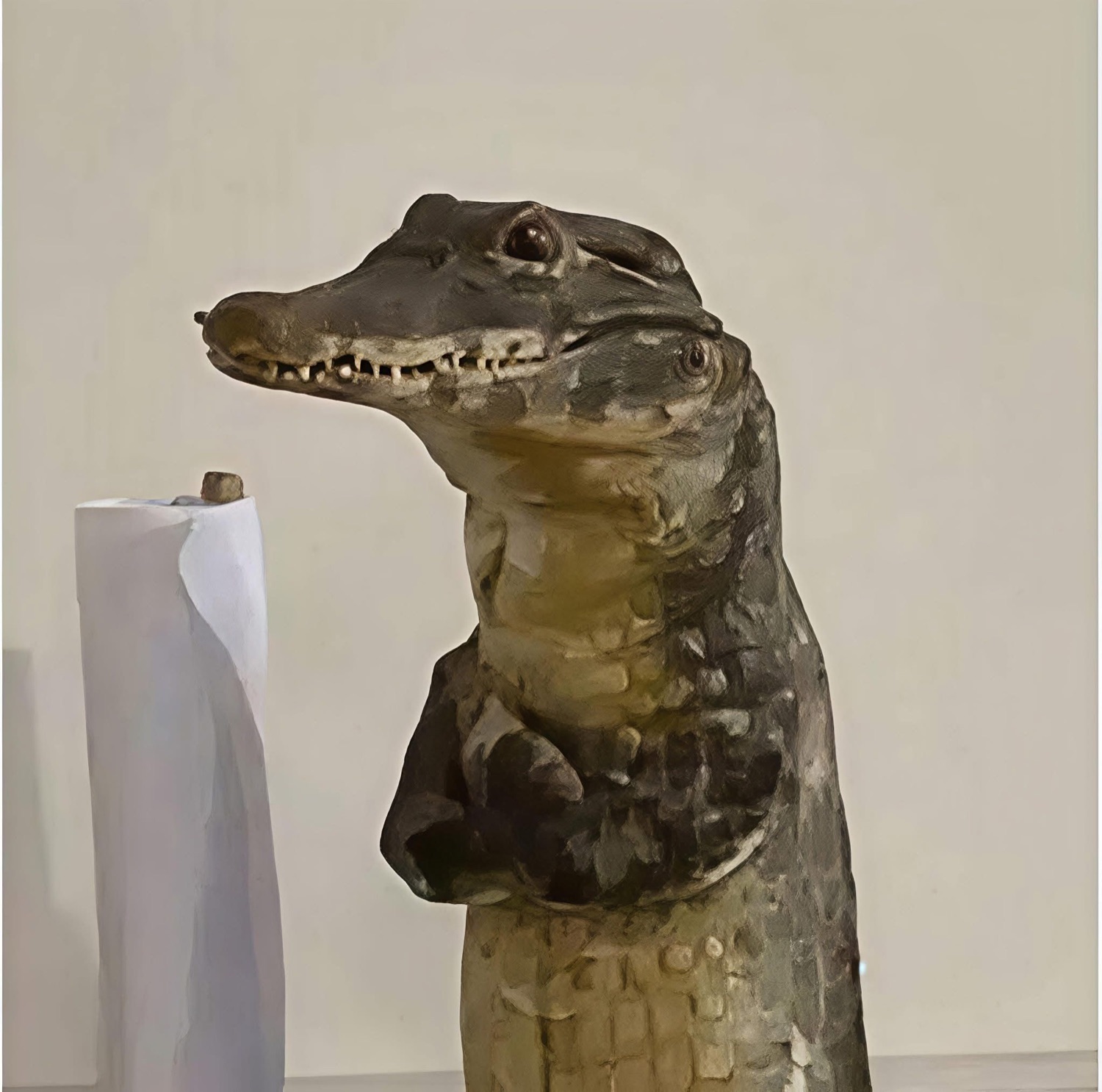 Small crocodile standing upright beside a paper towel roll with a polite, awkward stance