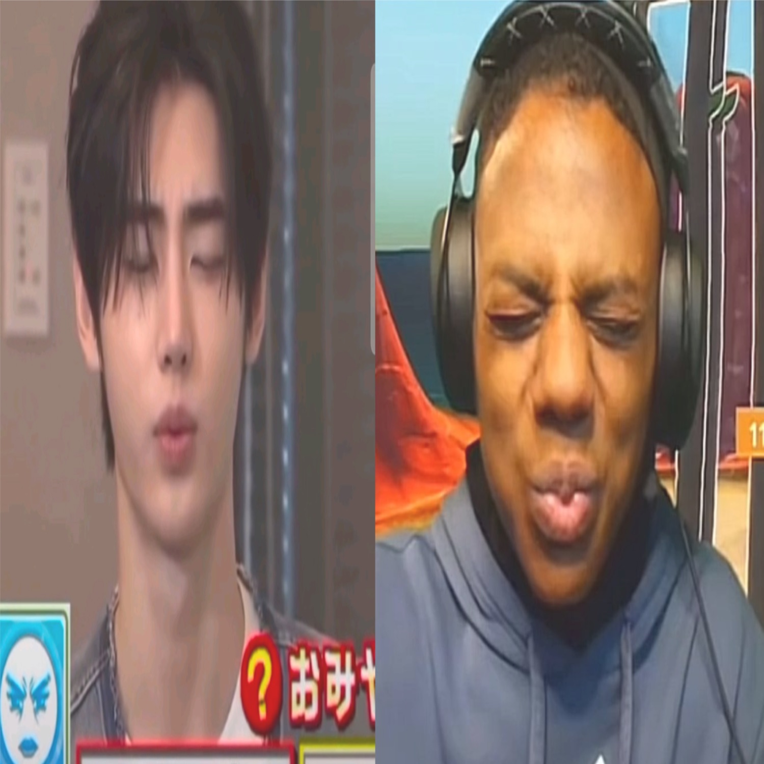 Split image of a calm anime-style man beside a gamer in headphones making a repulsed puckered face