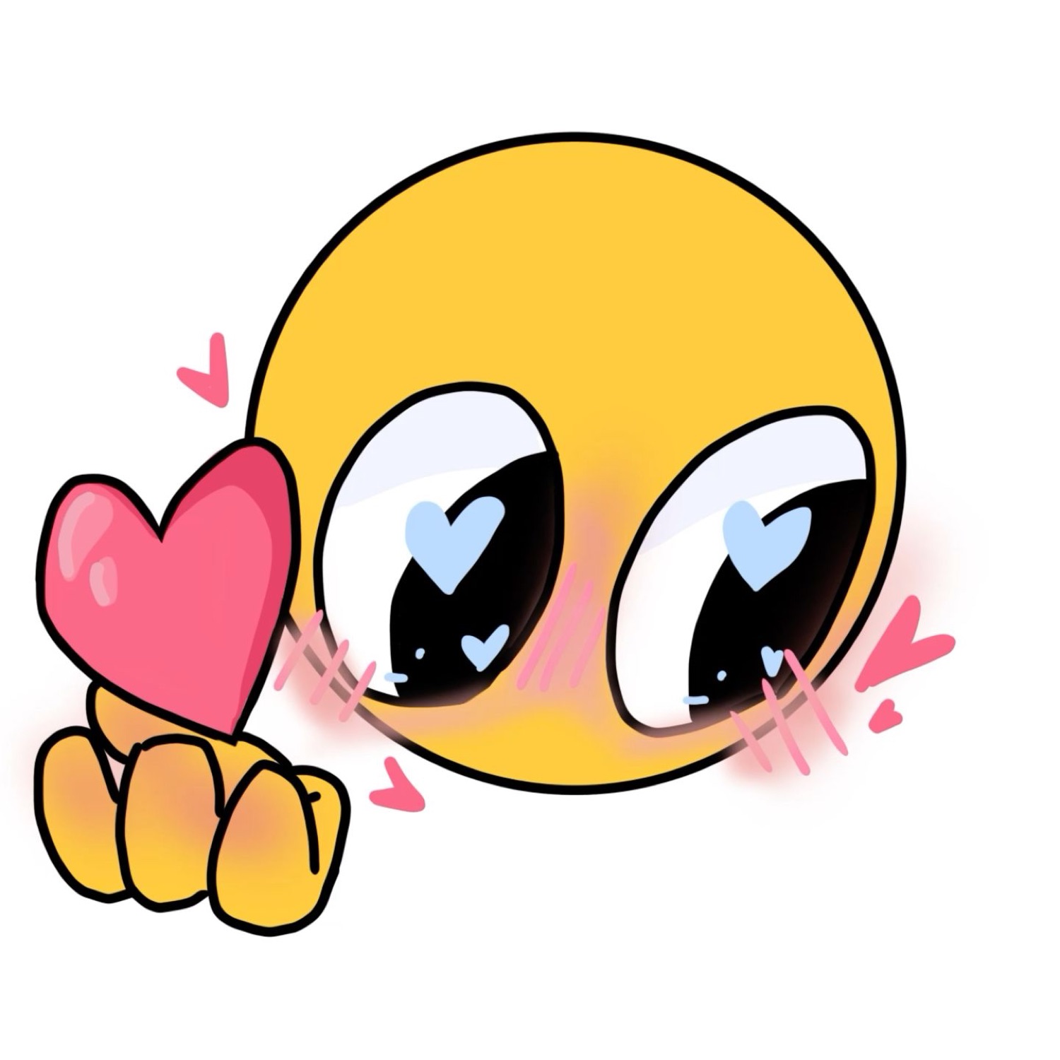 Yellow emoji-style cartoon face with heart-shaped pupils and blush, holding a heart