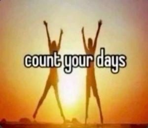 Two silhouettes jumping joyfully at sunset with the caption 'count your days'
