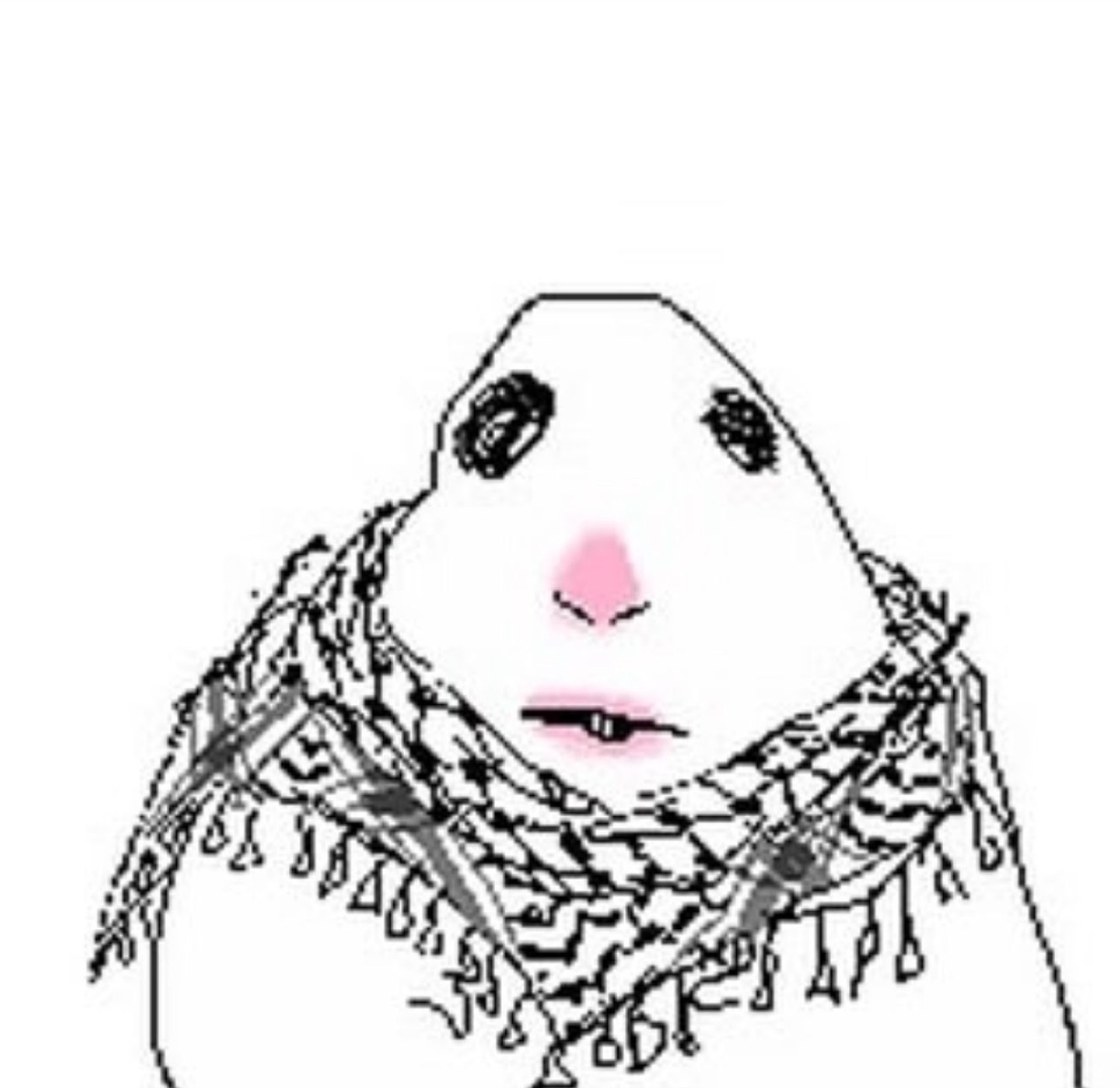 Wojak-style cartoon NPC wearing a keffiyeh scarf, staring blankly with rosy cheeks