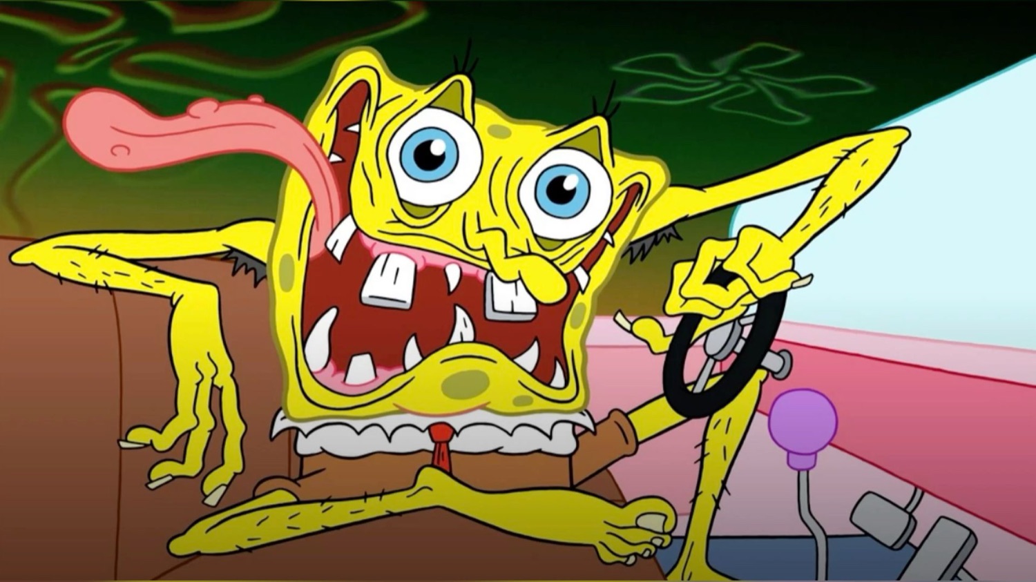 Ugly distorted SpongeBob gripping a steering wheel with a wild, unhinged grin