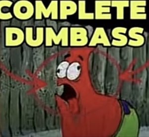 Patrick Star with arrows pointing at him: 'COMPLETE DUMBASS'