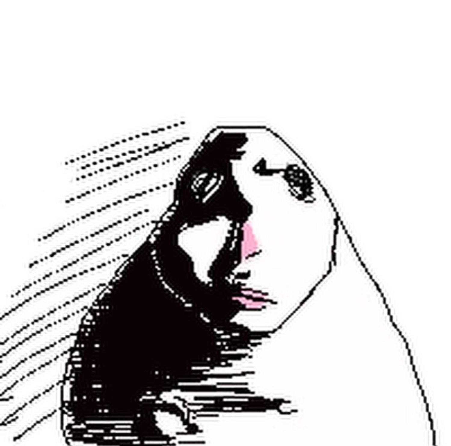 Minimalist black and white line art of a hooded figure turning away dramatically
