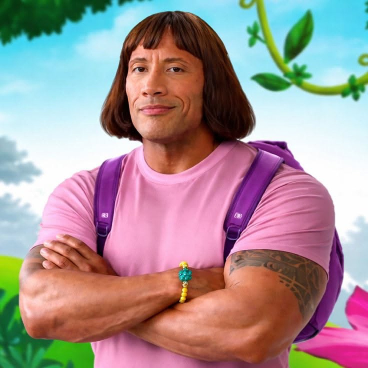 Dwayne Johnson photoshopped as Dora the Explorer, arms crossed with a confident smirk