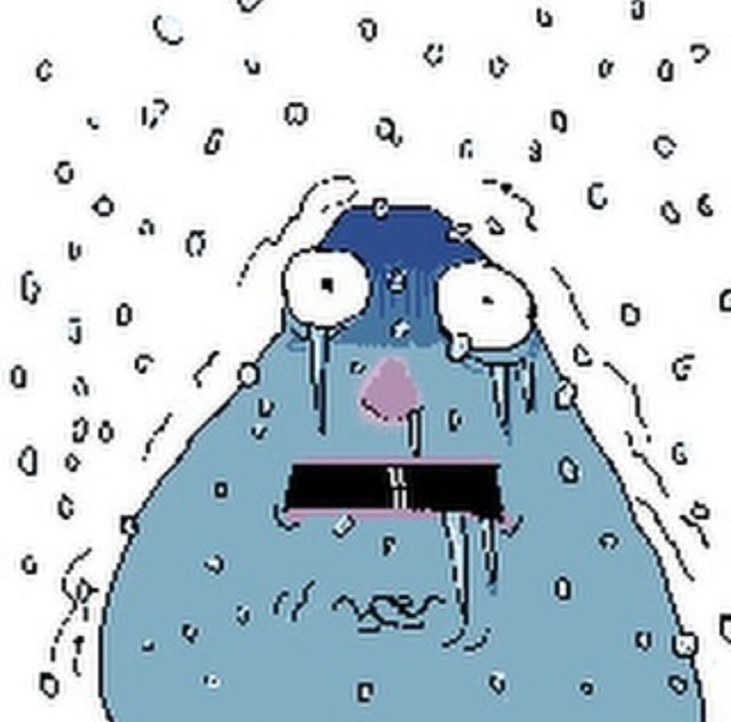 Blue blob cartoon standing in the pouring rain, soaked and sobbing