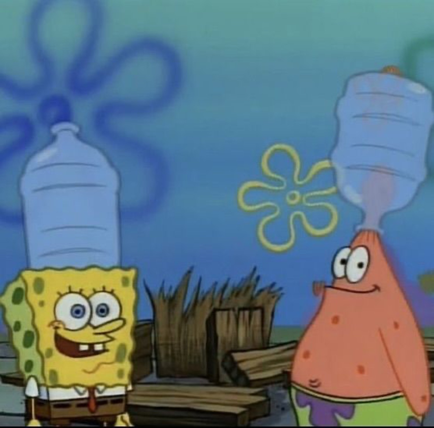 SpongeBob and Patrick each balancing a giant water jug on their heads, grinning