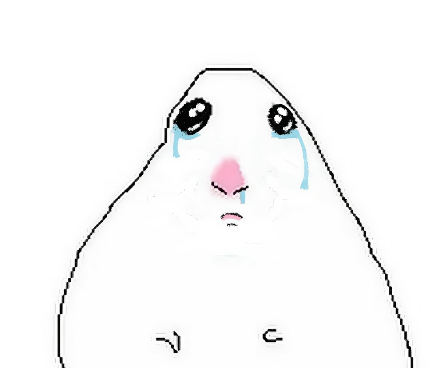 Crudely drawn white blob creature sobbing with big glossy tears and a pink nose