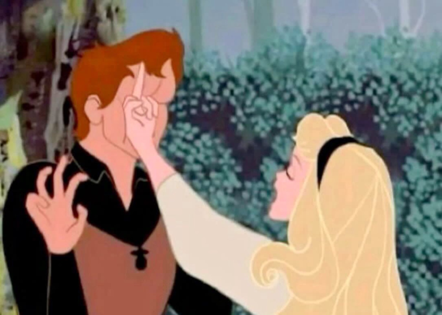 Disney's Sleeping Beauty scene: Aurora pokes Prince Phillip's nose with her finger
