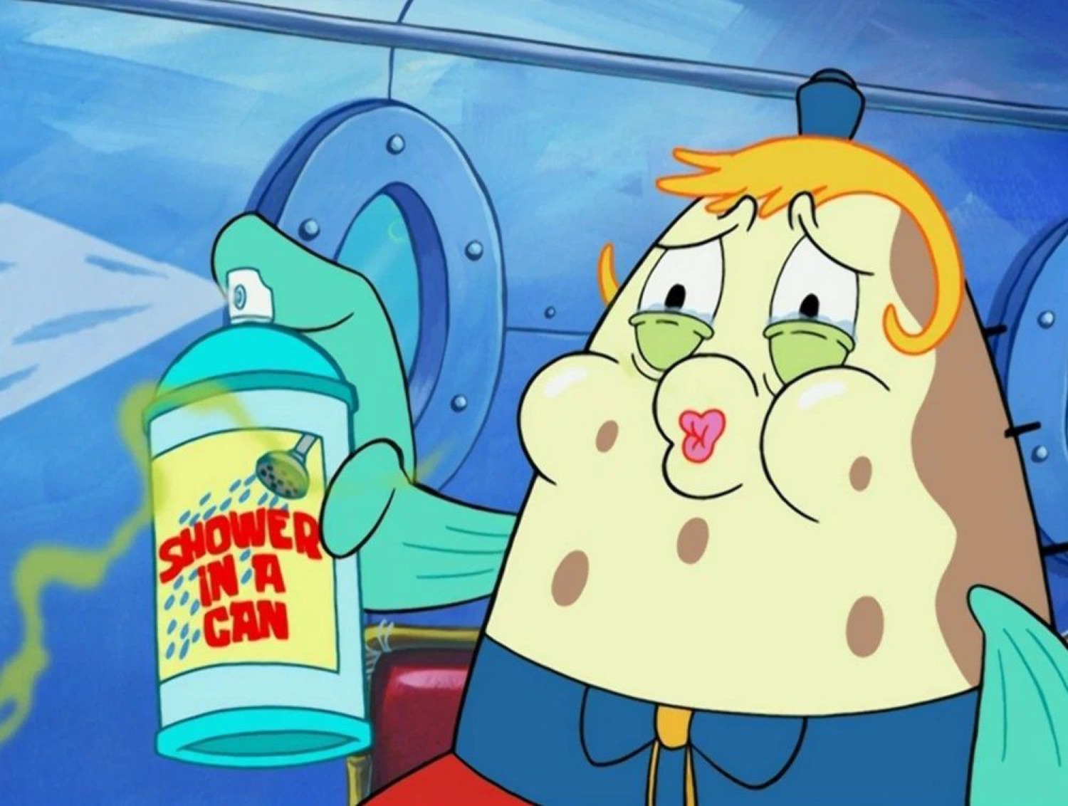 Mrs. Puff holding up a 'SHOWER IN A CAN' spray with a queasy, uneasy look