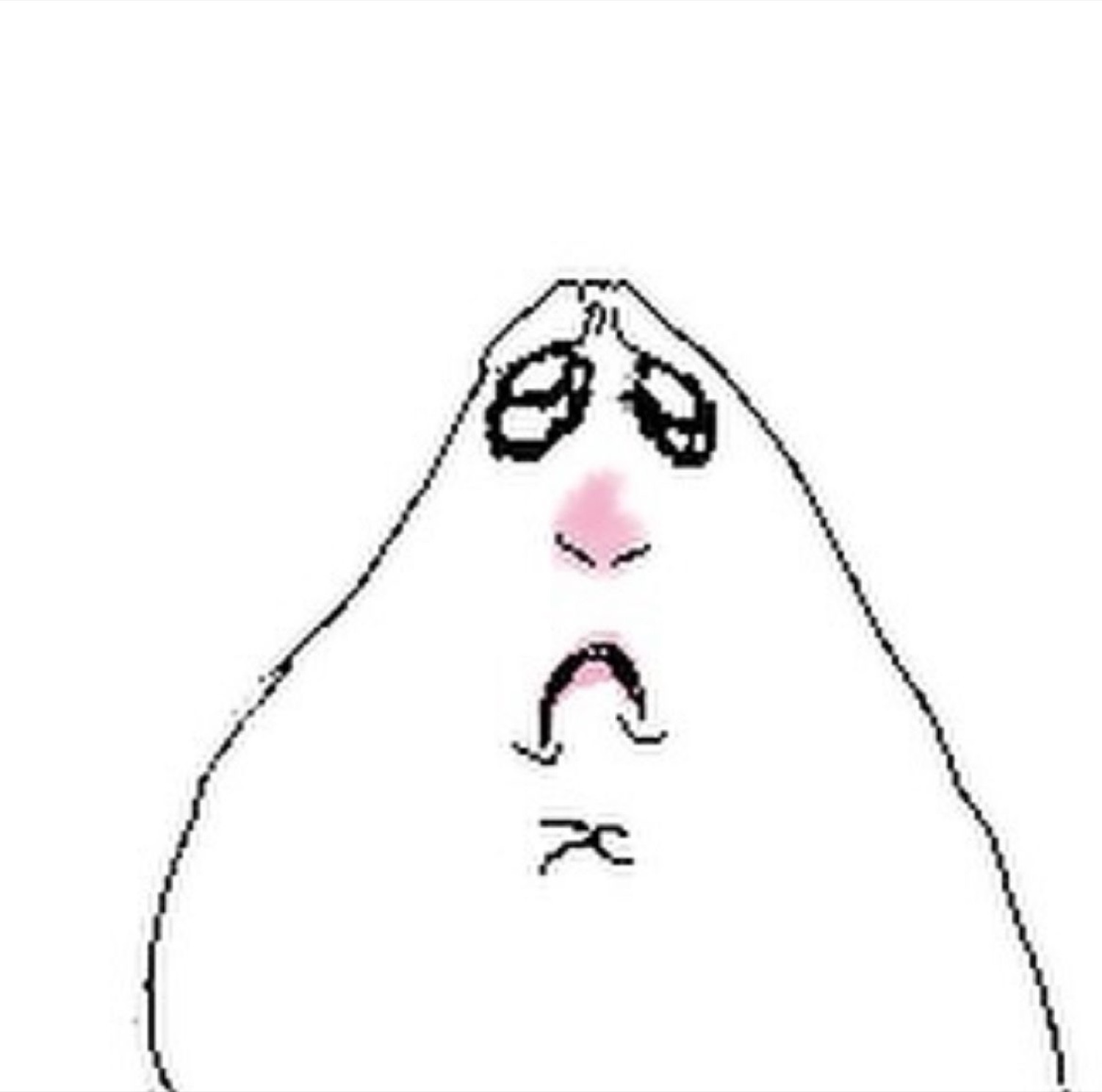 Simple white oval cartoon creature looking upward with a tiny frowning mouth and tearful eyes, praying hands raised