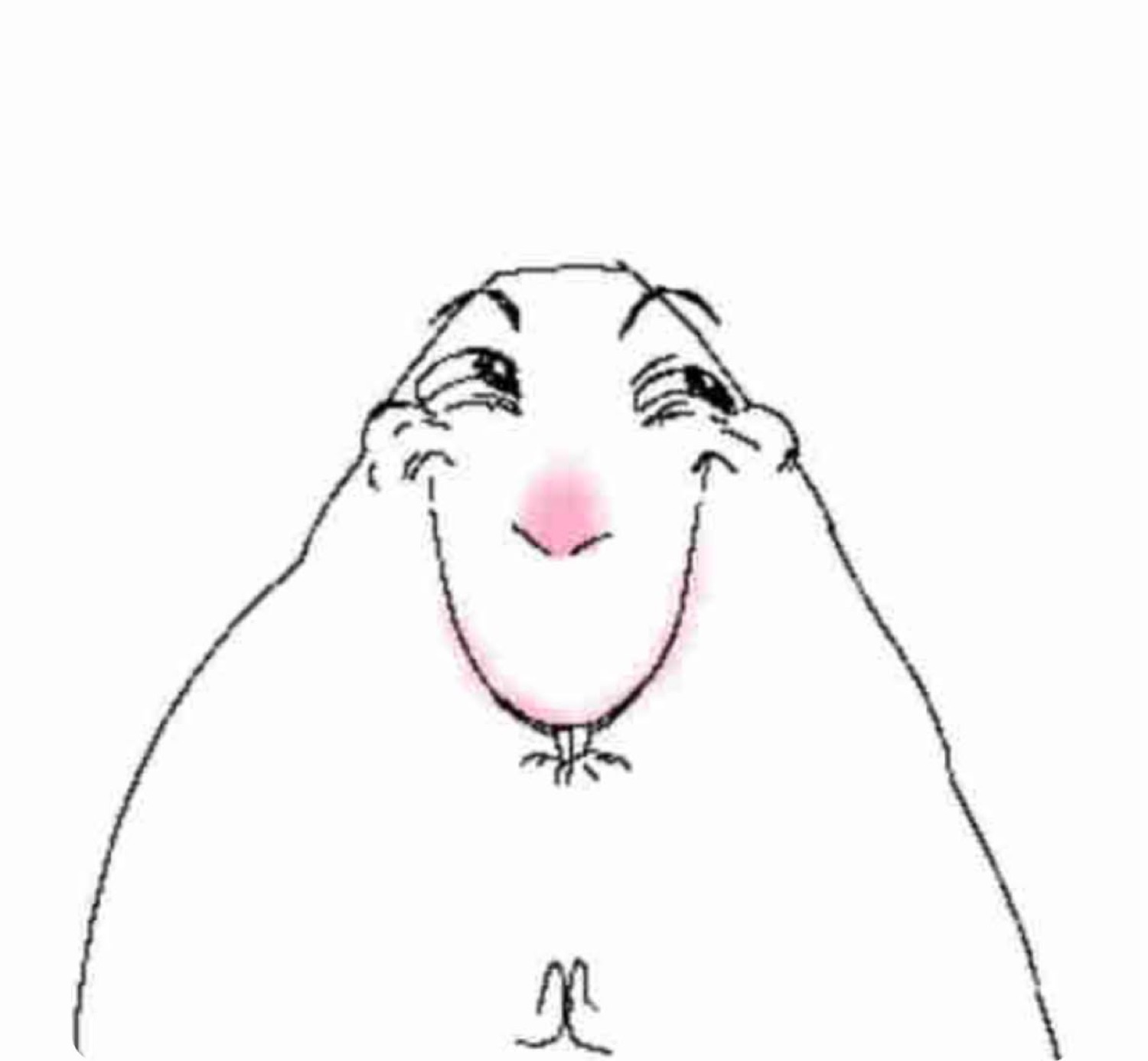 Hand-drawn cartoon blob clasping hands and looking up shyly with rosy cheeks