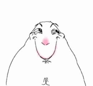 Hand-drawn cartoon blob clasping hands and looking up shyly with rosy cheeks