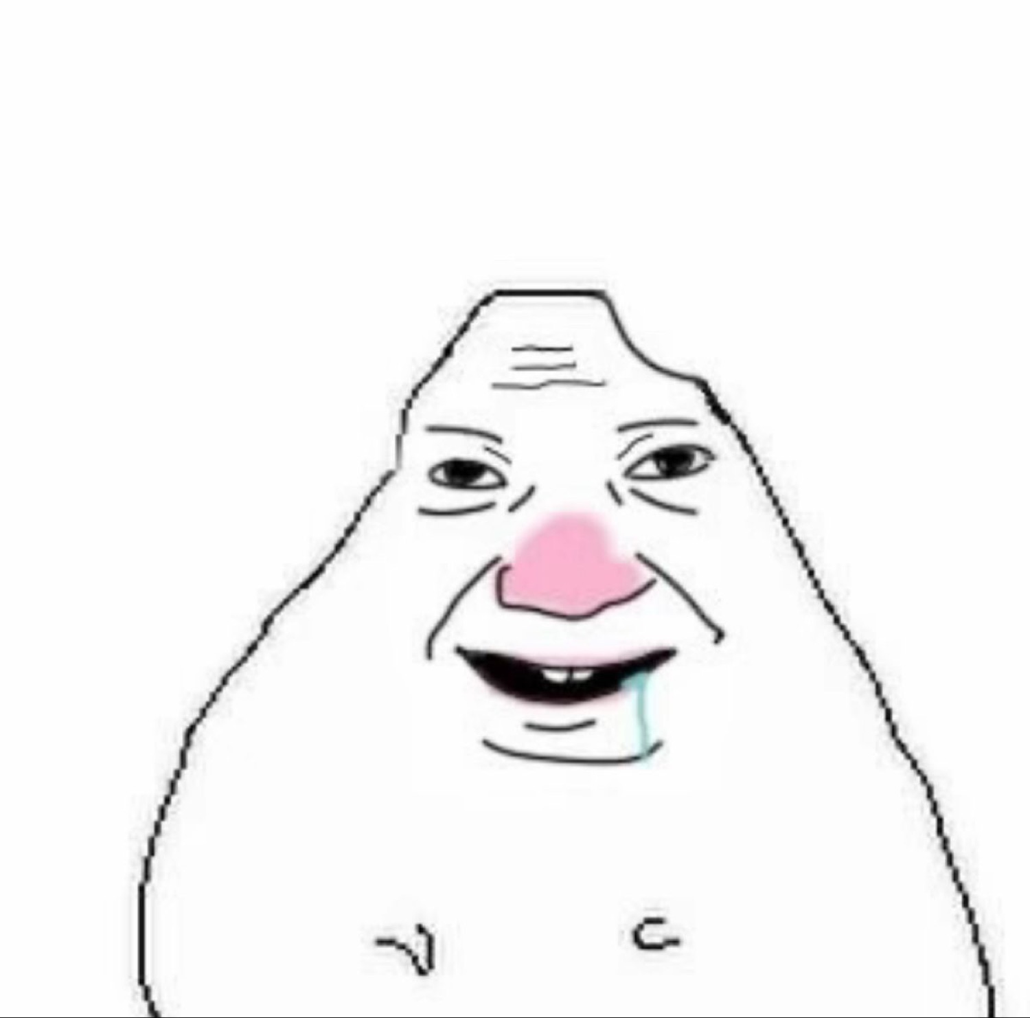Drooling brainlet wojak grinning with a big pink nose and dead eyes
