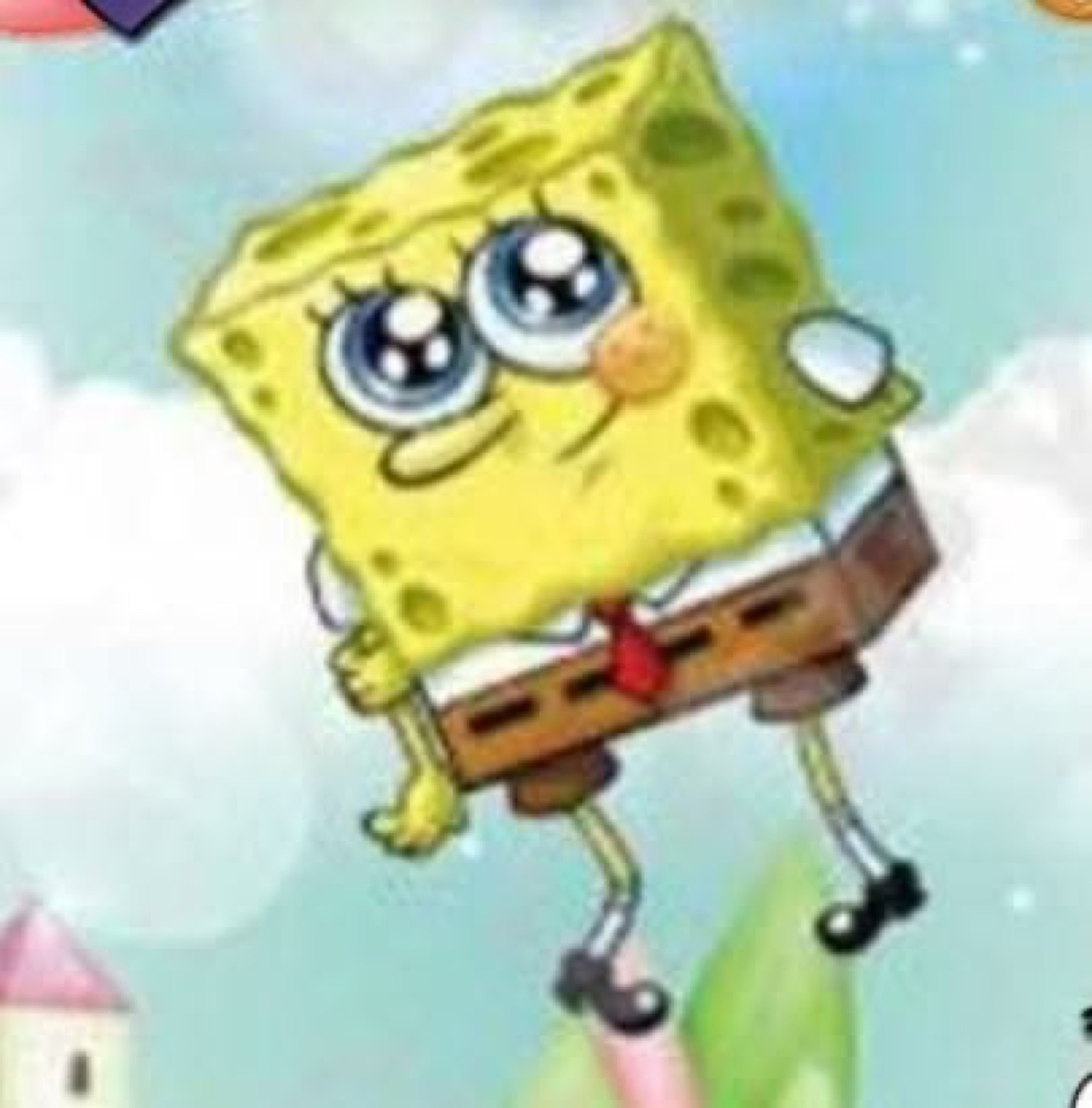 SpongeBob floating happily with big sparkly eyes and blushing cheeks