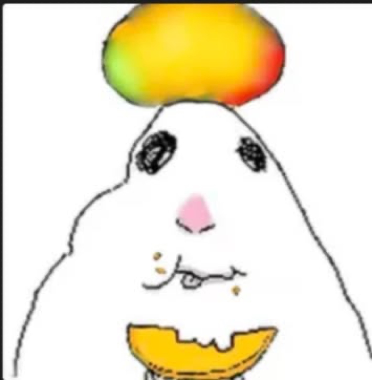White blob cartoon with a mango on its head and an open, cheery smile