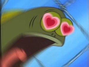 Cartoon fish with big pink heart-shaped eyes, completely smitten