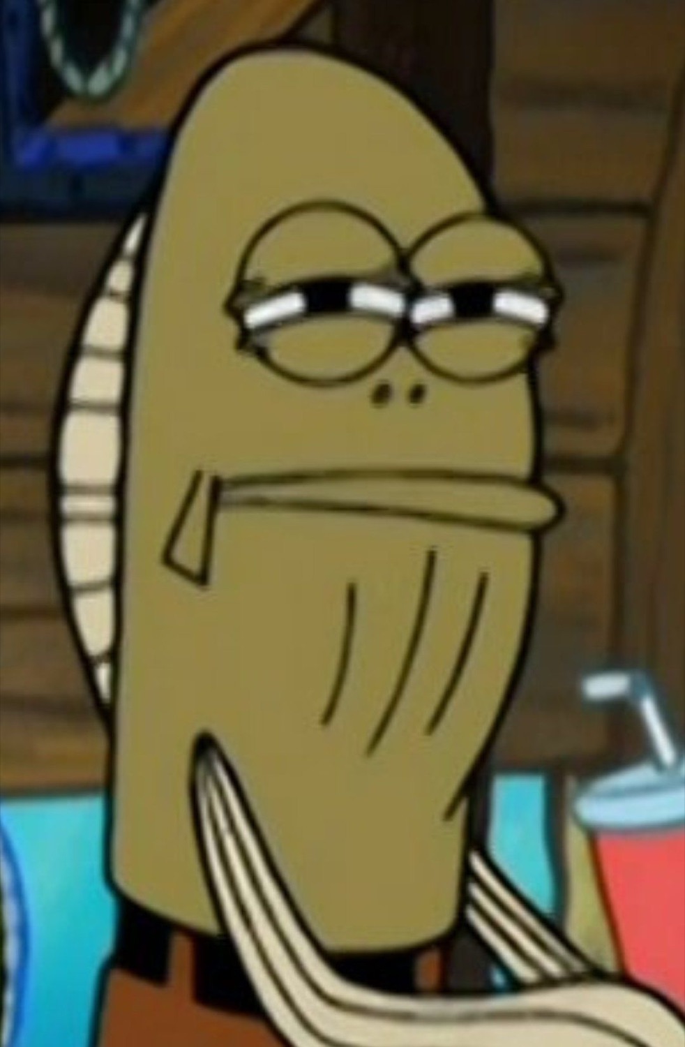 SpongeBob background fish with thick glasses and a completely glazed-over bored stare