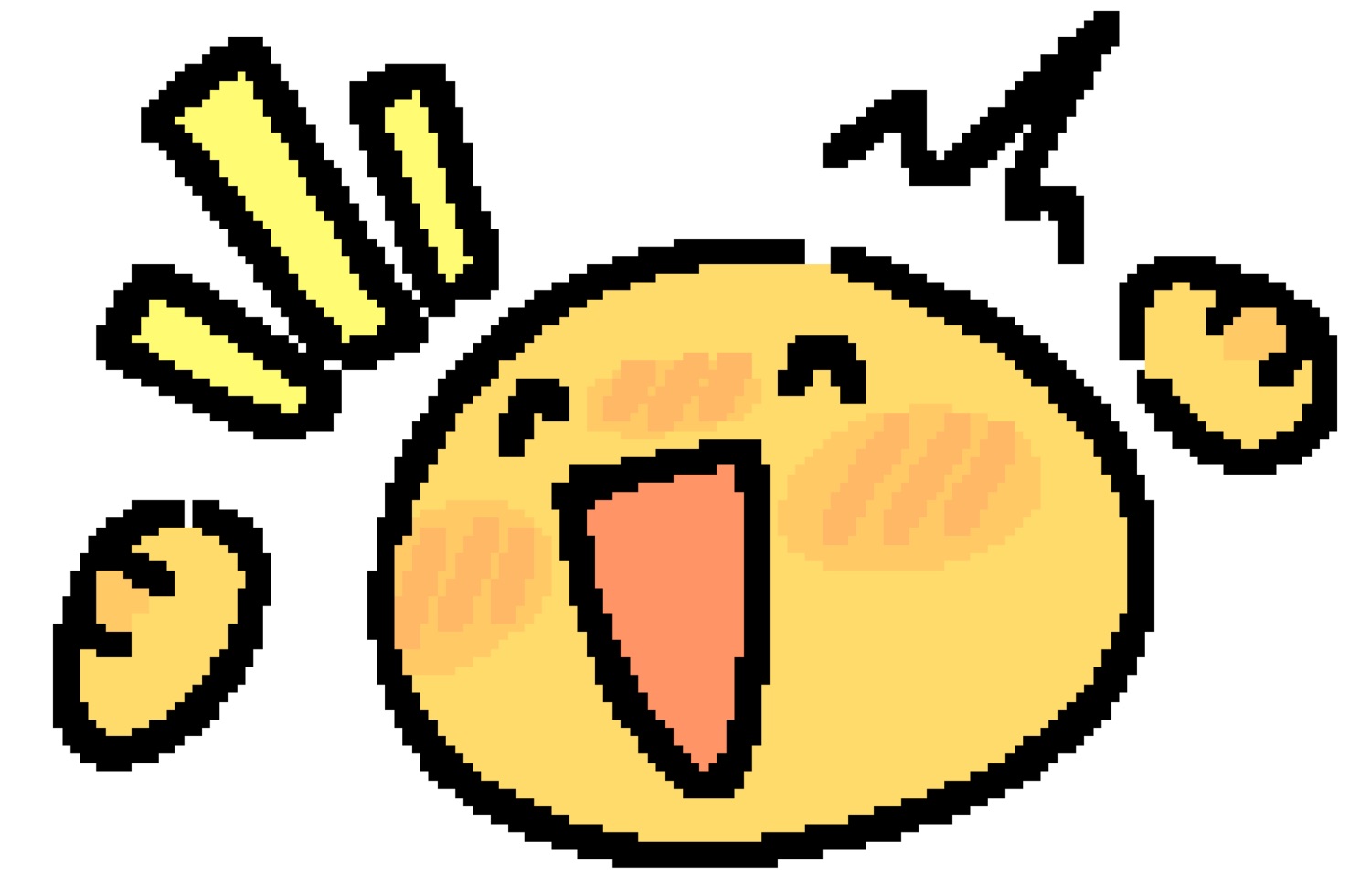 Pixel-art yellow blob character beaming with an open-mouthed cheer