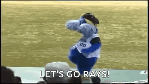 Raymond the Rays mascot pumping up the crowd, "Let's go Rays!"