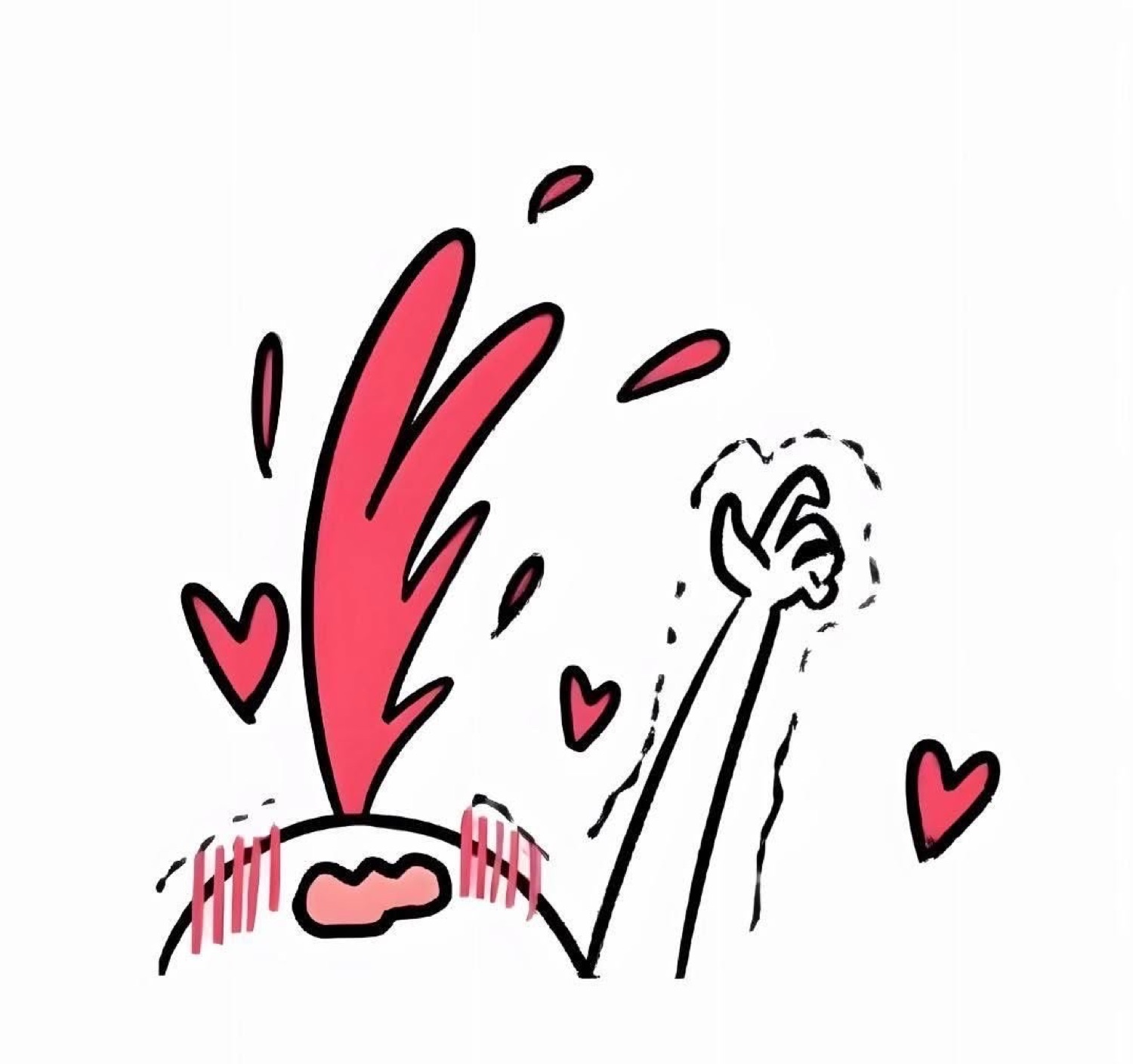 Doodle of a person throwing back an arm with red hearts bursting around them