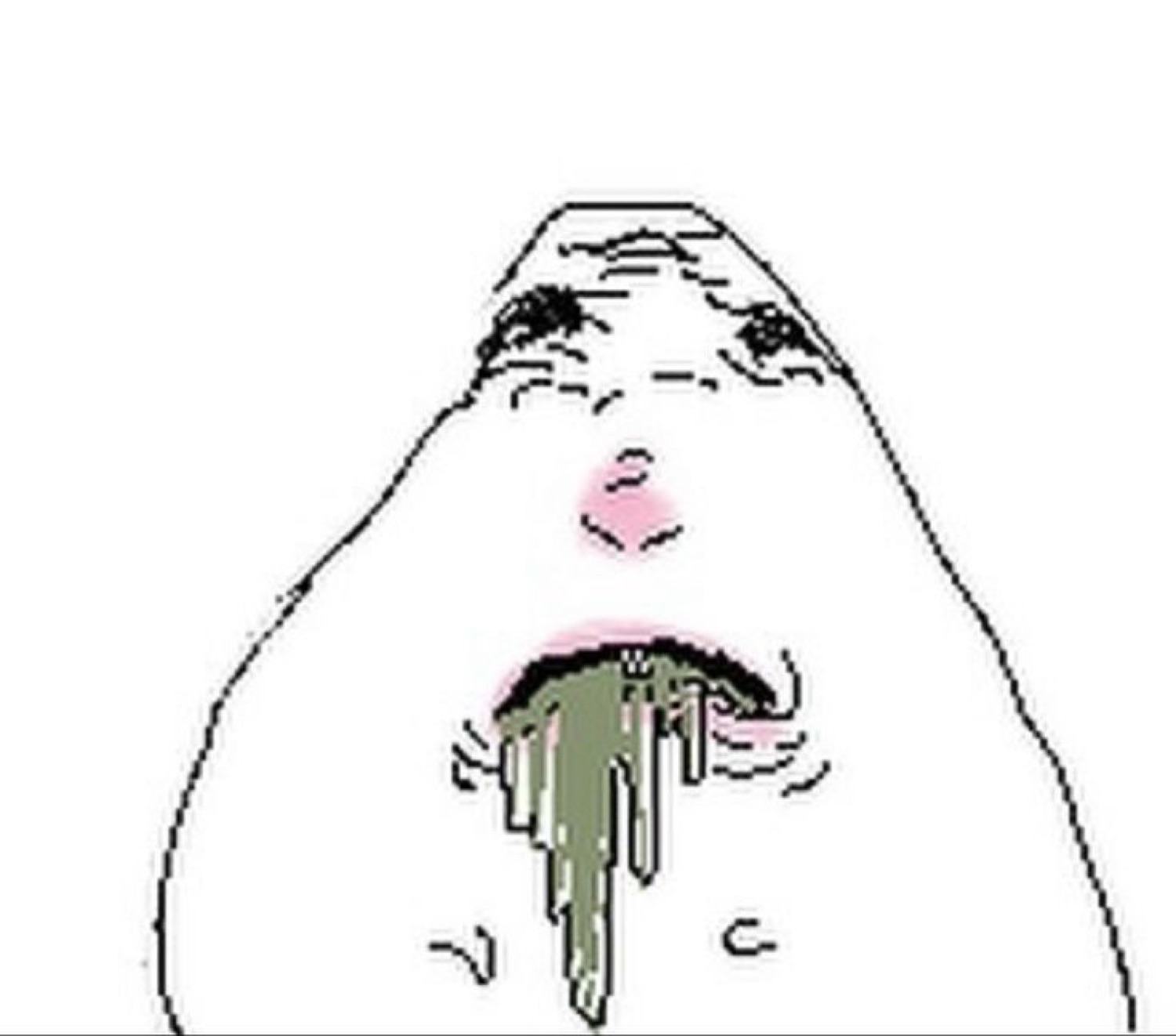 Troll-face-style cartoon figure vomiting green slime with a queasy expression