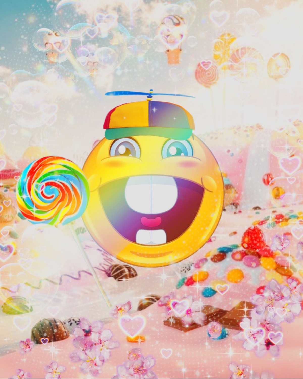 Big-mouthed emoji in a propeller hat grins wide amid a candy-and-hearts dreamscape