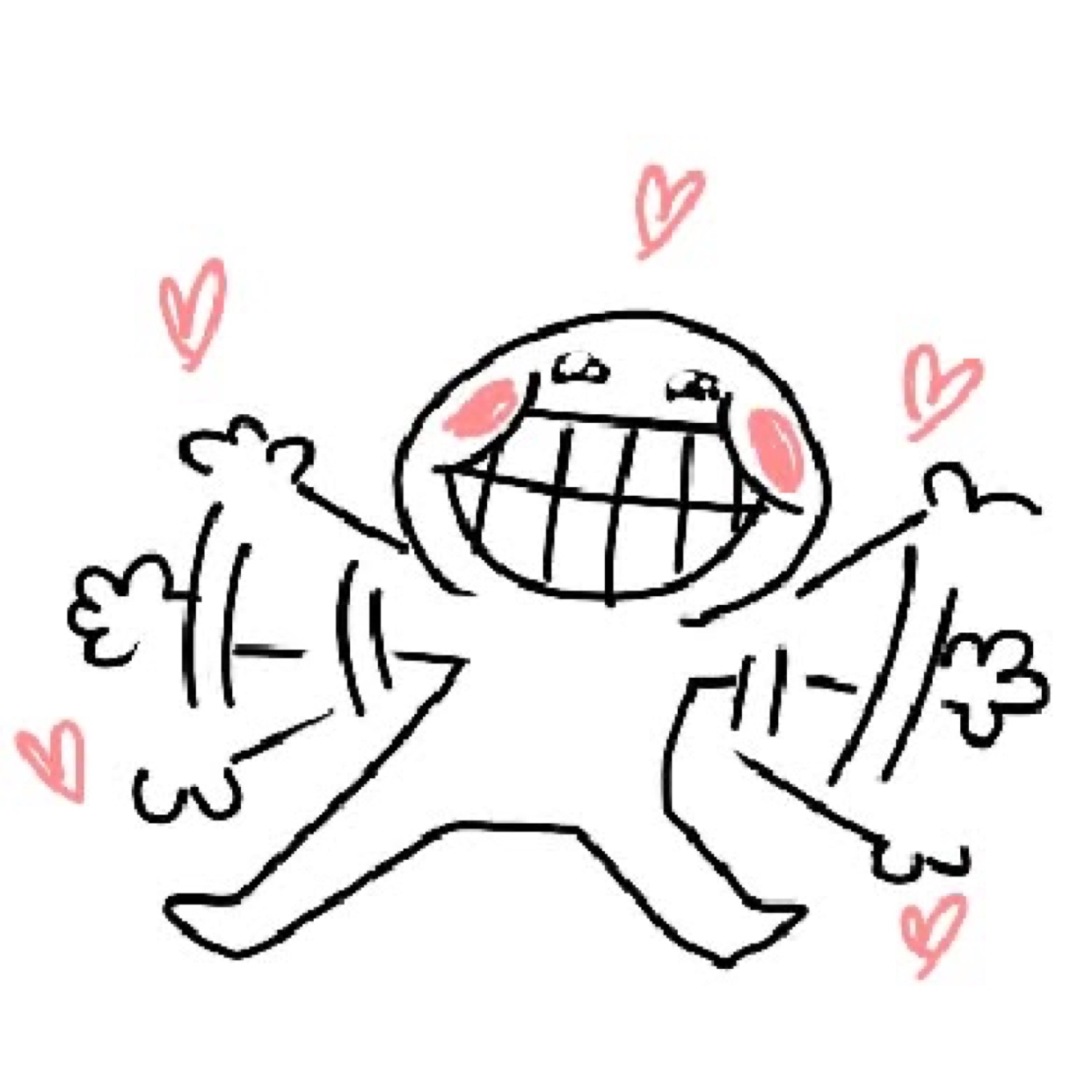 Scribbly stick figure with a huge toothy grin and blushing cheeks, arms flailing in hearts